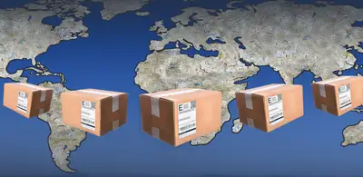 a wide shot of five small parcels racing across the globe