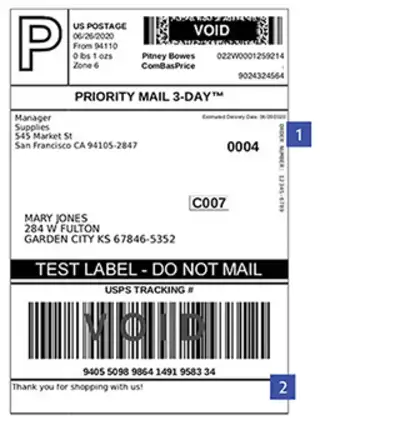 USPS shipping label with two areas for custom messages called out