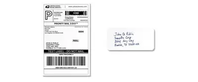 A side-by-side comparison of a label created by a shipping label printer that can print address labels at home and a handwritten address label.