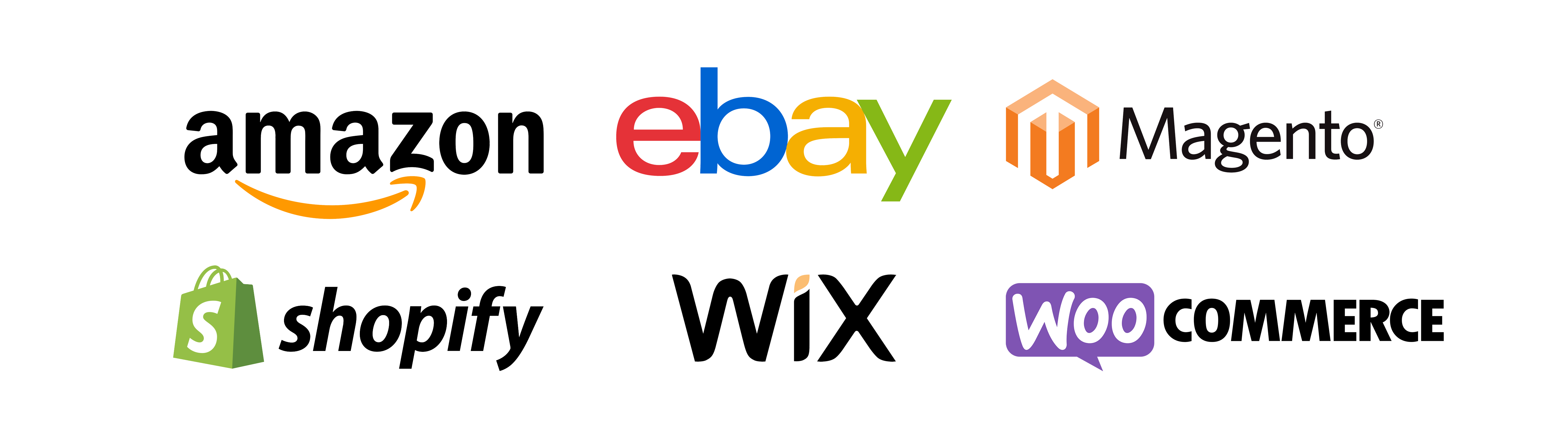 marketplace logos- amazon, ebay, magento, shopify, wix, woo commerce
