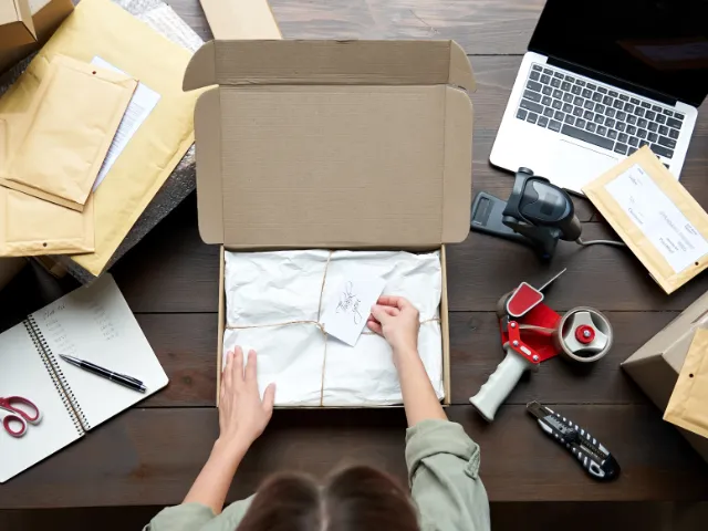 overhead view of packing a parcel